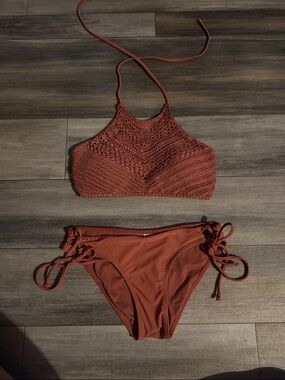 High-Neck Crochet Bikini Set in Rust - Women Swim